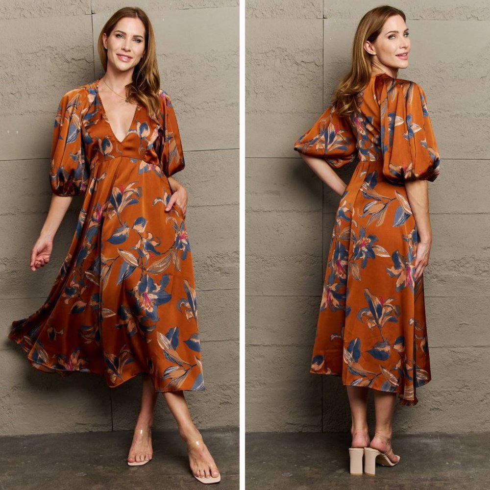 Women's Rust Floral Midi Dress with Puff Sleeves